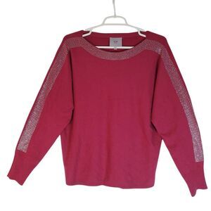 Liv Milano Silver Rhinestones Boat Neck Dolman‎ Long Sleeve Sweater Red Large